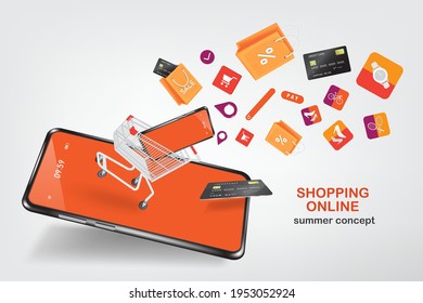 Items splashed out of the shopping cart to convey online shopping advertising with a smartphone application,shopping online on application and payment online concept,vector 3d isolated