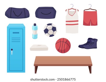 Items from the sports room to the locker room in vector. The set includes sports bags, towels, a water bottle, soccer and basketball balls, sneakers and a bench. Flat style, isolated background.