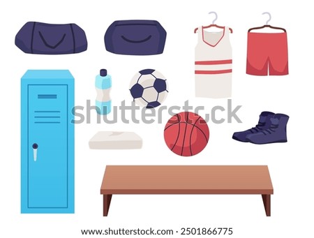 Items from the sports room to the locker room in vector. The set includes sports bags, towels, a water bottle, soccer and basketball balls, sneakers and a bench. Flat style, isolated background.