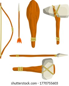 Artículos de hombre en edad de piedra. Armas de caza y vida. x, martillo, lanza, club, flecha y arco. Conjunto prehistórico de una tribu salvaje. Ilustración plana de dibujos animados