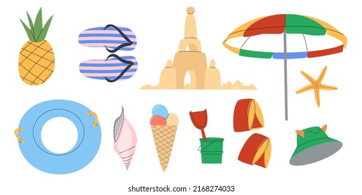 Items for summer beach children's theme. Sand castle, big umbrella and floating circle. Vacation time. Flat illustration. Eps10