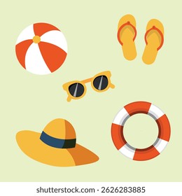 items for the summer season for the beach on the sand glasses circle sneakers ball hat