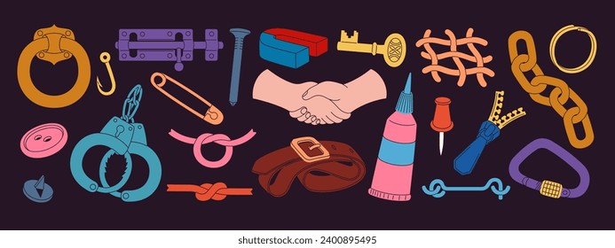 Items symbolizing connection, join, fastening and securely. Reliability and safety concept. Simple isolated illustrations in cartoon style. Vector art