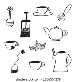 Items for tea: mug, tea leaves, teapot, strainer, teapot, kettle. Hand drawing set. Black outlines on white background. Vector illustration.