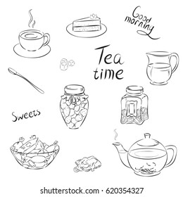 Items for tea in sketch style.