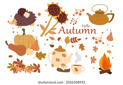 Items that symbolize autumn, leaf fall. Set for hiking. Graphic elements for landscapes. Hedgehog, bonfire, sunflower, pumpkin, pear. Cartoon flat vector illustrations isolated on white background