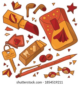 Artículos que tenemos en una bolsa. Tejidos, llaves, lápiz labial, auriculares, lápiz, chicle, caramelos.