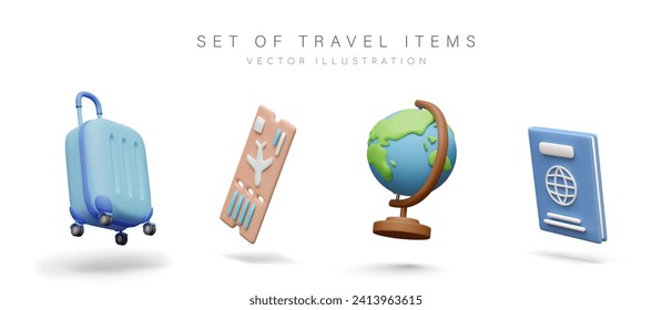 Items for traveling. Plastic suitcase, globe, plane ticket, passport. Illustrations for website, travel business application. Set of vector 3D objects with shadows
