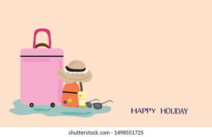 Items for traveling such as suitcase, hat, sunglasses, sun protect cream.