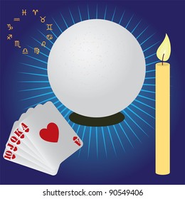Items used for fortune telling. Crystal sphere, candle, cards.