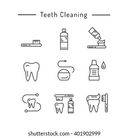 The items used for oral hygiene. Teeth cleaning icons outline set.Outline elements teeth cleaning. Vector tooth icon isolated. Tooth brush vector. Elements oral hygiene isolated. Teeth whitening