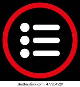 Items vector bicolor rounded icon. Image style is a flat icon symbol inside a circle, red and white colors, black background.