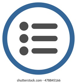 Items vector bicolor rounded icon. Image style is a flat icon symbol inside a circle, cobalt and gray colors, white background.