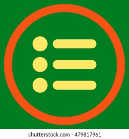 Items vector bicolor rounded icon. Image style is a flat icon symbol inside a circle, orange and yellow colors, green background.