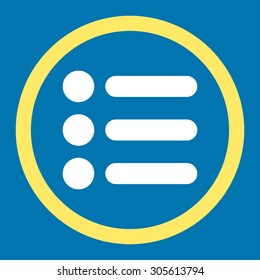 Items vector icon. This rounded flat symbol is drawn with yellow and white colors on a blue background.