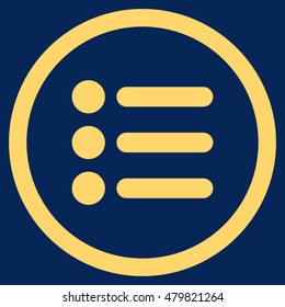 Items vector rounded icon. Image style is a flat icon symbol inside a circle, yellow color, blue background.