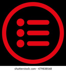 Items vector rounded icon. Image style is a flat icon symbol inside a circle, red color, black background.