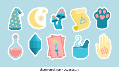 Items for witchcraft ritual stickers. Magic hat with crescent moon mystical fly agarics. Cats paw with ancient scroll and tarot cards. Mortar and human hand pentagram. Vector cartoon label