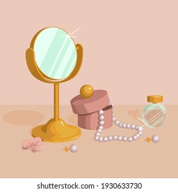 items for women on the table. Mirror, jewelry box, pearls, necklace, earrings, perfume, flower. Vector illustration on an isolated background.