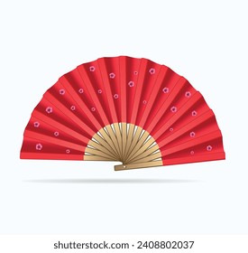 Items. Wooden red hand fan on white background