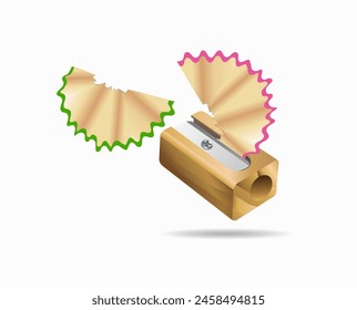 Items. Wooden sharpener at work on a white background. Vector 3d illustration