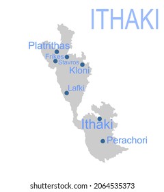 Ithaca island in Greece vector map silhouette illustration isolated on white background. Ithaki map.