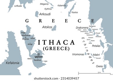 Ithaca, isla y unidad regional en Grecia, mapa político gris. Parte de las Islas Jónicas. Ithaca, Arkoudi, Atokos y las islas Echinades Drakonera, Vromonas, Makri, Oxia, Kalogiros y Kouneli.