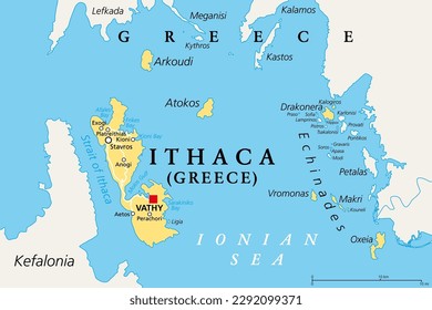 Ithaca, unidad regional, mapa político. Parte de las Islas Jónicas en Grecia, con la capital Vathy. Ithaca, Arkoudi, Atokos y las islas Echinades Drakonera, Vromonas, Makri, Oxia, Kalogiros y Kouneli.