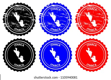 Ithaca - rubber stamp - vector, Ithaca map pattern - sticker - black, blue and red
