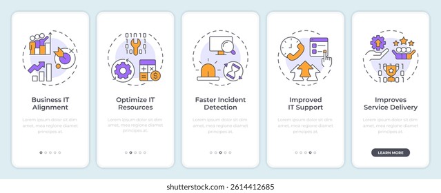 ITIL benefits onboarding mobile app screen. Walkthrough 5 steps editable graphic instructions with linear concepts. UI, UX, GUI