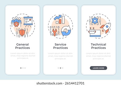 ITIL management practices onboarding mobile app screen. Walkthrough 3 steps editable graphic instructions with linear concepts. UI, UX, GUI