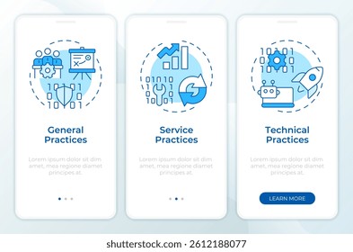 ITIL practices blue onboarding mobile app screen. Different methodologies. Walkthrough 3 steps editable graphic instructions with linear concepts. UI, UX, GUI