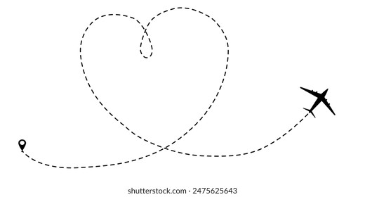 Itinerary dashed trace heart shape, line airplane flight, dotted path, romantic aircraft tracking simple minimal trip isolated on white background. Plan with start point. Tattoo