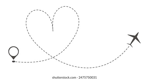 Itinerary dashed trace heart shape, line airplane flight, dotted path, romantic aircraft tracking simple minimal trip isolated on white background. Plan with start point. Tattoo