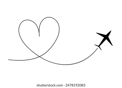 Itinerary dashed trace heart shape, line airplane flight, dotted path, romantic aircraft tracking simple minimal trip isolated on white background. Plan with start point. Tatoo