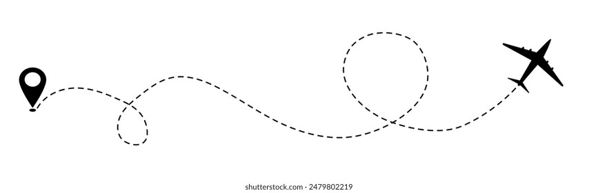 Itinerario de trazas discontinuas forma del corazón, vuelo de avión de línea, camino punteado, seguimiento de aviones romántico simple viaje mínimo aislado sobre fondo blanco. Plan con punto inicial. Tatuaje