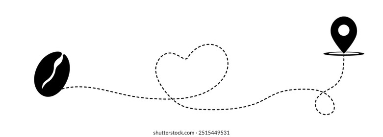Itinerary dashed trace heart shape, coffee bean, dotted path, romantic aircraft tracking simple minimal trip isolated on white background. Plan with start point