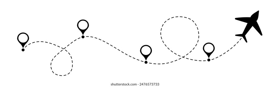 Itinerary dashed trace, line airplane flight, dotted path, aircraft tracking simple minimal trip isolated on white background. Plan with start point. Tattoo