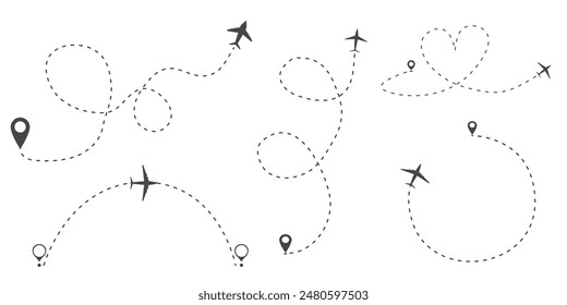 Itinerario trazas discontinuas, vuelo de avión de línea, camino punteado, seguimiento de aviones simple viaje mínimo aislado sobre fondo blanco. Plan con punto inicial. Tatuaje