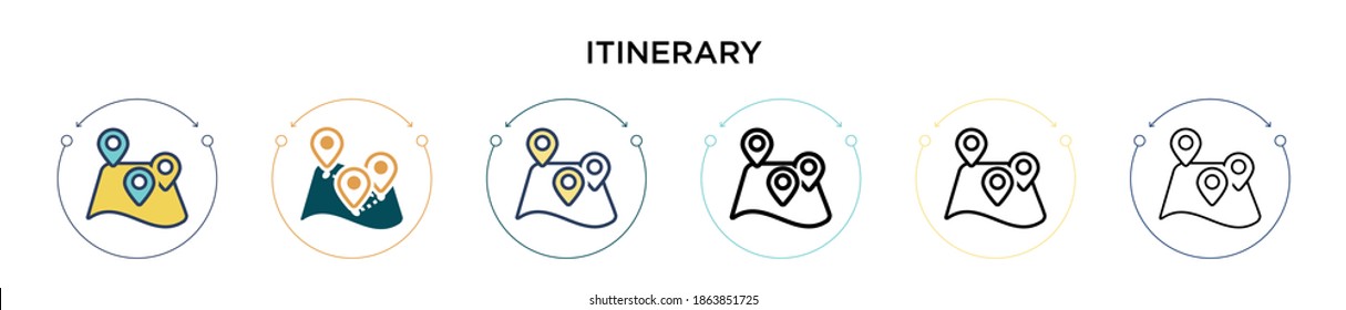 Itinerary icon in filled, thin line, outline and stroke style. Vector illustration of two colored and black itinerary vector icons designs can be used for mobile, ui, web