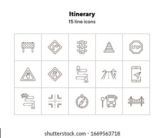 Itinerary line icons. Set of line icons. Bridge, traffic lights, stop road sign. Traffic concept. Vector illustration can be used for topics like navigation, travelling