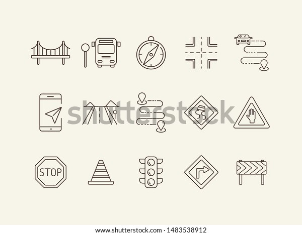 Itinerary line icons. Set of\
line icons. Bridge, traffic lights, stop road sign. Traffic\
concept. Vector illustration can be used for topics like\
navigation,\
travelling
