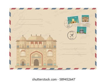 Itmad-ud-Daula, Baby Taj, Agra India. Postal envelope with famous architectural composition, postage stamps and postmarks on white background vector illustration. Postal services. Envelope delivery.