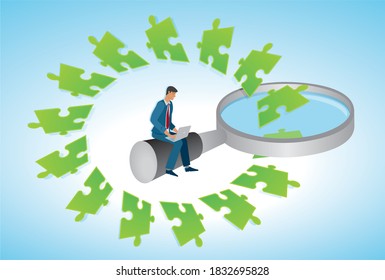 IT-manager, green puzzel pieces going throw magnifying glass. Vector illustration.