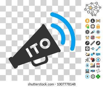 Ito Alert Megaphone pictograph with bonus bitcoin mining and blockchain images. Vector illustration style is flat iconic symbols. Designed for cryptocurrency ui toolbars.