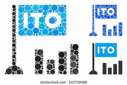 ITO bar chart mosaic of round dots in various sizes and color tones, based on ITO bar chart icon. Vector round dots are united into blue composition.