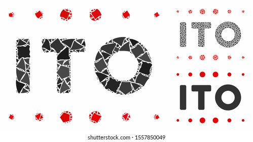 ITO caption mosaic of ragged items in variable sizes and color tones, based on ITO caption icon. Vector ragged parts are combined into collage. ITO caption icons collage with dotted pattern.