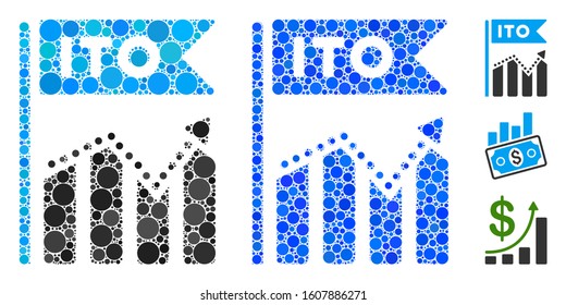 ITO chart mosaic of circle elements in various sizes and color tinges, based on ITO chart icon. Vector circle elements are composed into blue composition.
