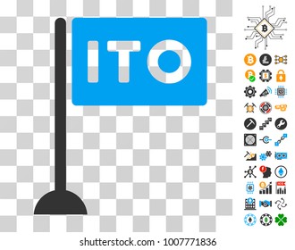 Ito Flag pictograph with bonus bitcoin mining and blockchain pictures. Vector illustration style is flat iconic symbols. Designed for cryptocurrency software.