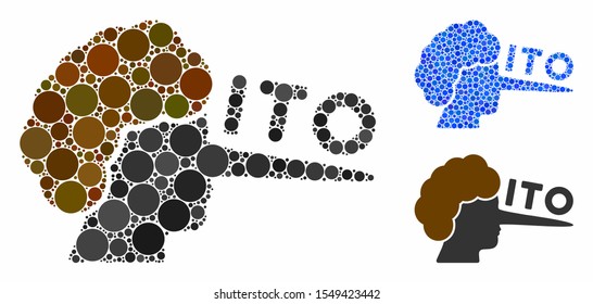 ITO lier composition of round dots in variable sizes and color hues, based on ITO lier icon. Vector round elements are united into blue composition. Dotted ITO lier icon in usual and blue versions.
